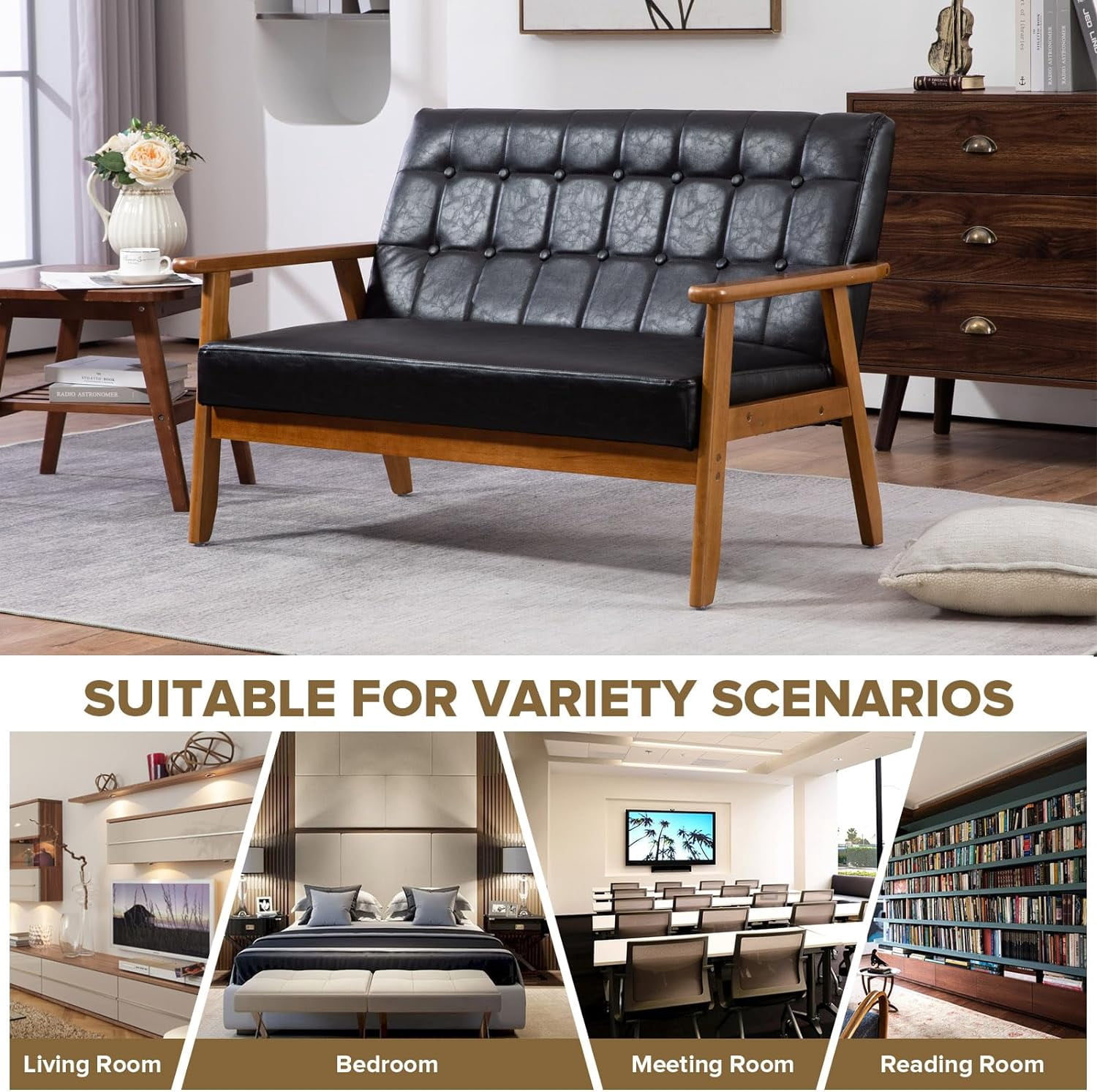 Miniyam Mid Century Modern Loveseat,2-Seat PU Leather Upholstered,Reading Couch,Accent Sofa,Black