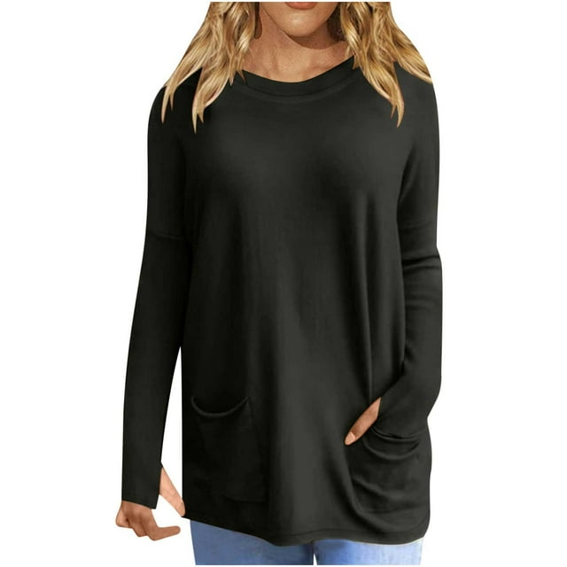 Bowake Hauts Grande Taille pour Femmes Col Rond Manches Longues Chemises Basiques Blouse Ample Couleur Unie Printemps avec Poches