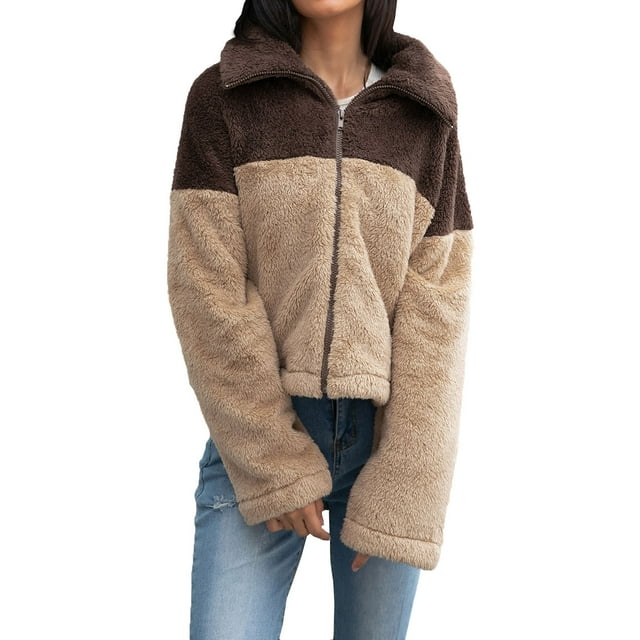 IROINID Veste en Shearling pour Femmes, Manches Longues, Col Rabattu Contrasté, Confortable, Rembourrée, Assortie