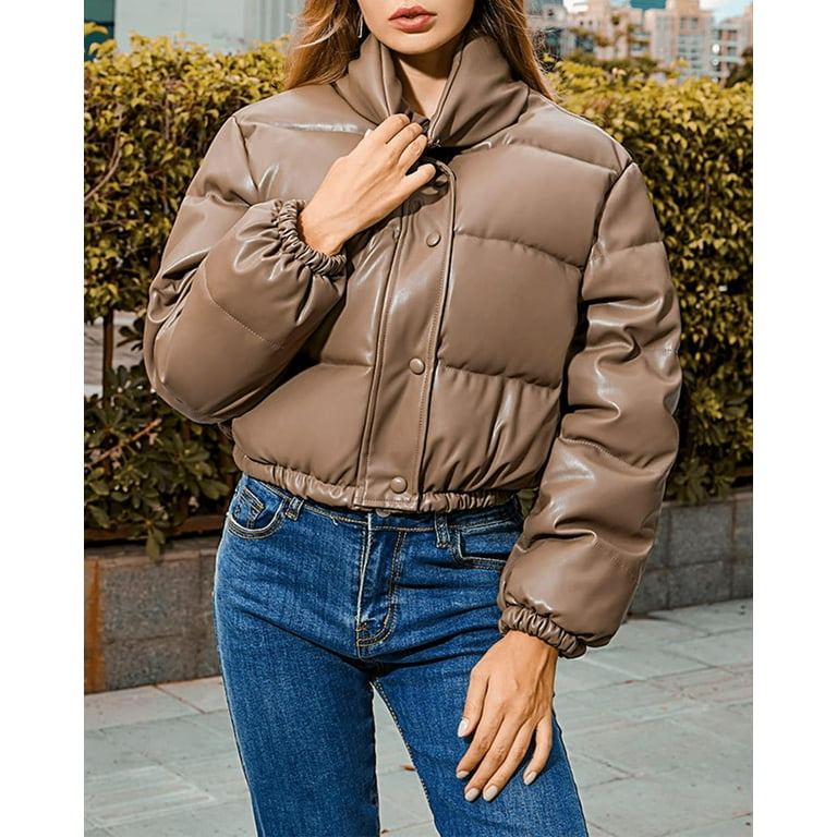 PuliPuqi Womens Long Sleeve Stand Collar Faux Leather Crop Padded Bubble Coat Button Down Short Quilted Puffer Jacket Walmart