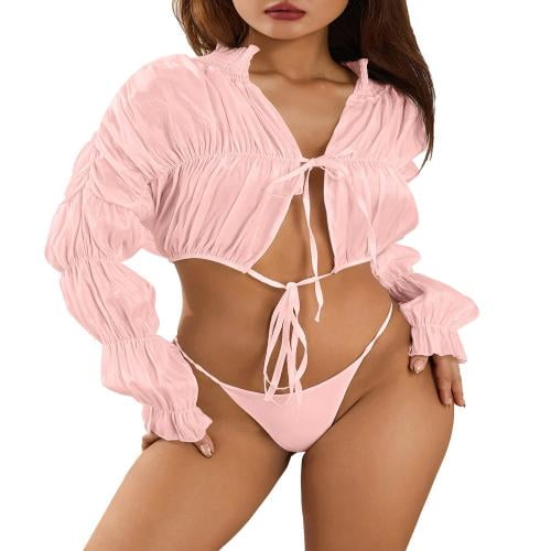wybzd Women Y2K Crop Top Bubble Sleeve Lace up Ruched Cardigan Top Fairy  Puff Sleeve Crop Tops Party Streetwear Pink M