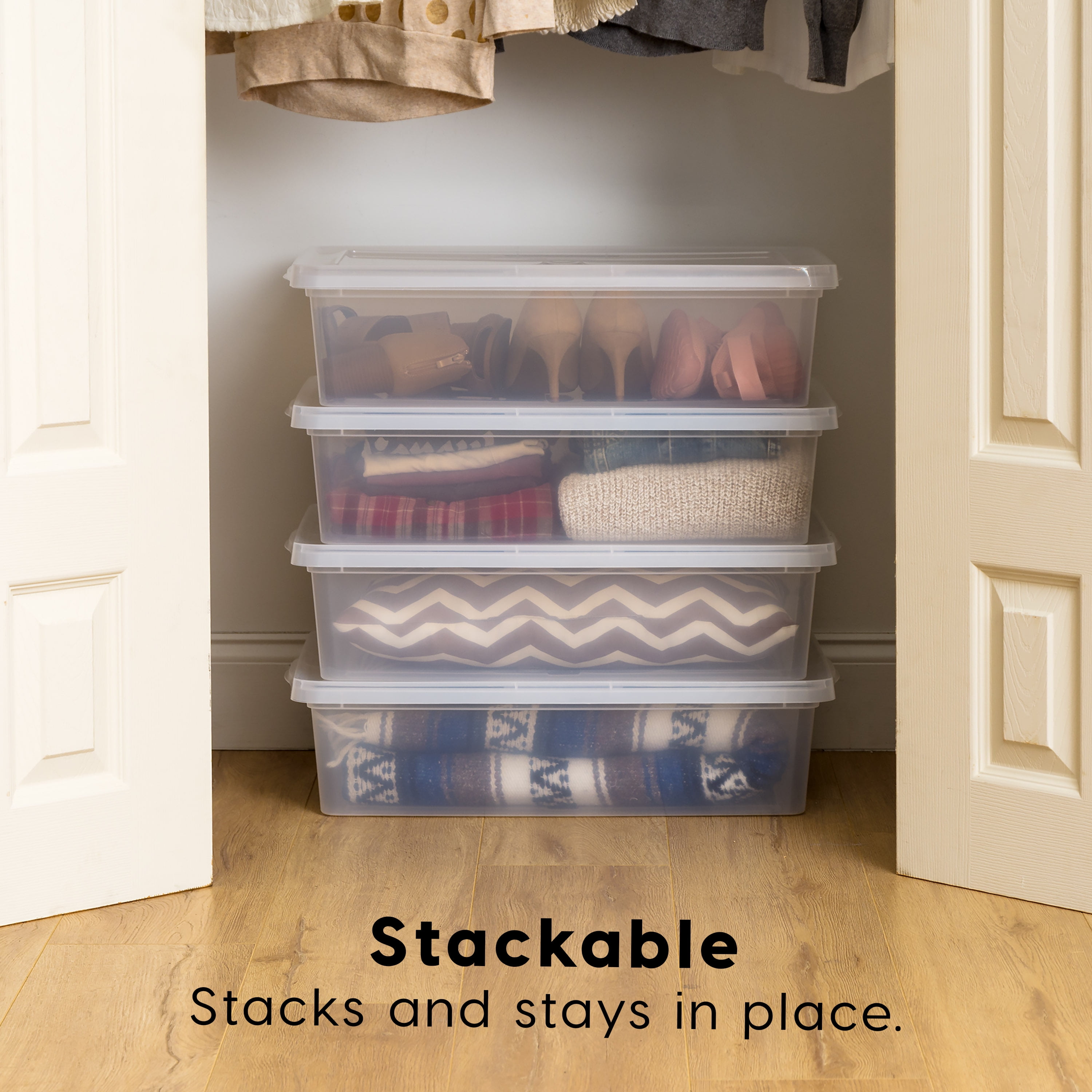 Inspired Essentials Stackable PP Resin 28 Qt Plastic Underbed Storage Bins, Clear, 4 Count Pack