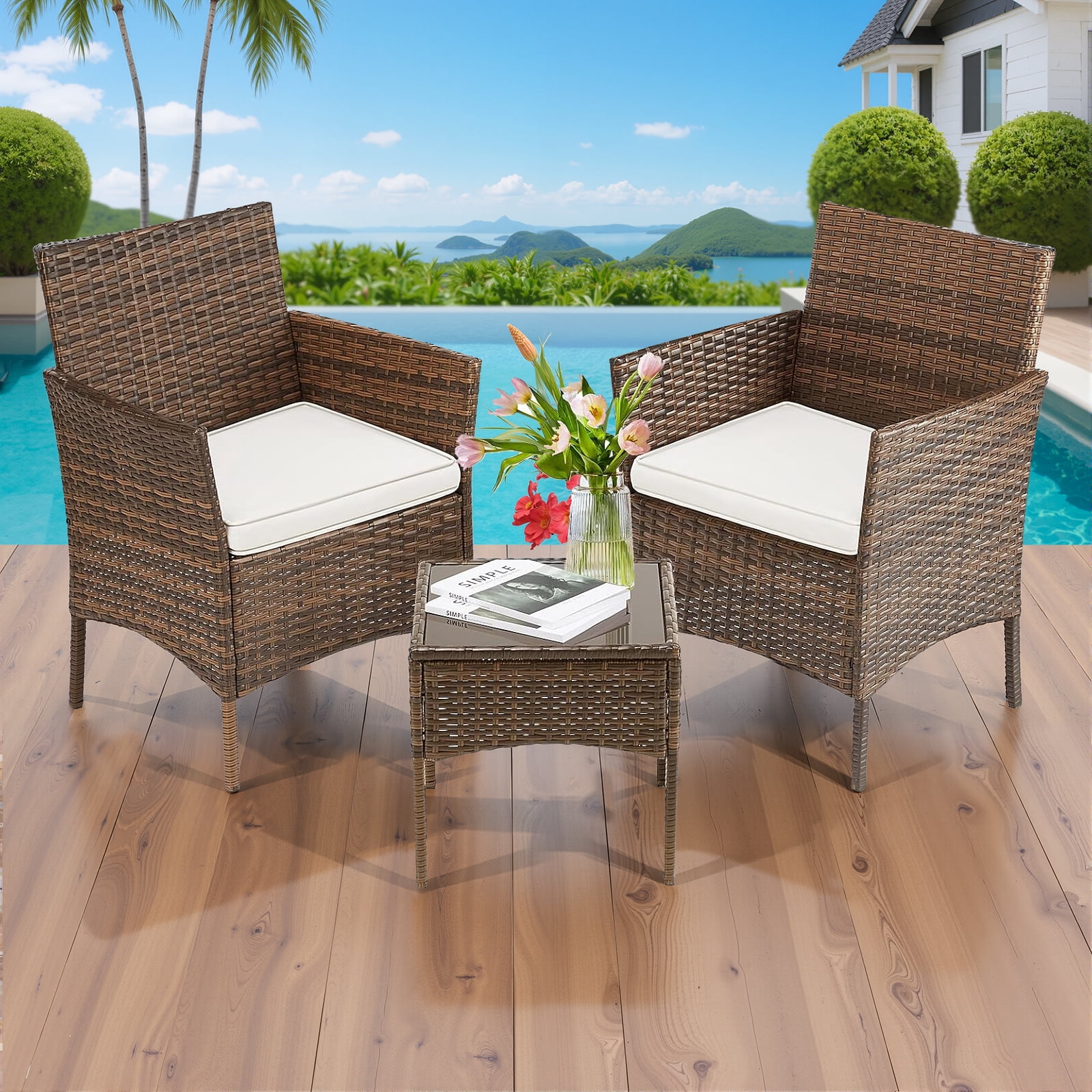 Simenmax Patio Furniture Set 3 Pieces, Outdoor Wicker Furniture with Coffee Table, Modern Rattan Patio Chairs Conversation Sets with Sofa for Garden, Terrace, Porch, Balconies, Lawns, Brown