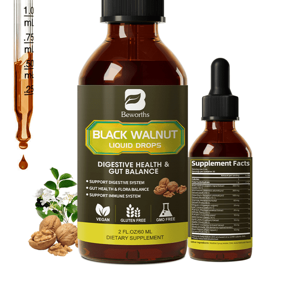 Black Walnut Liquid Drops, 10-In-1 with Wormwood, Pumpkin Seed, Garlic, Oregano, Berberine, Soursop, for Immune, Gut & Digestive Health Support, 2 fl oz