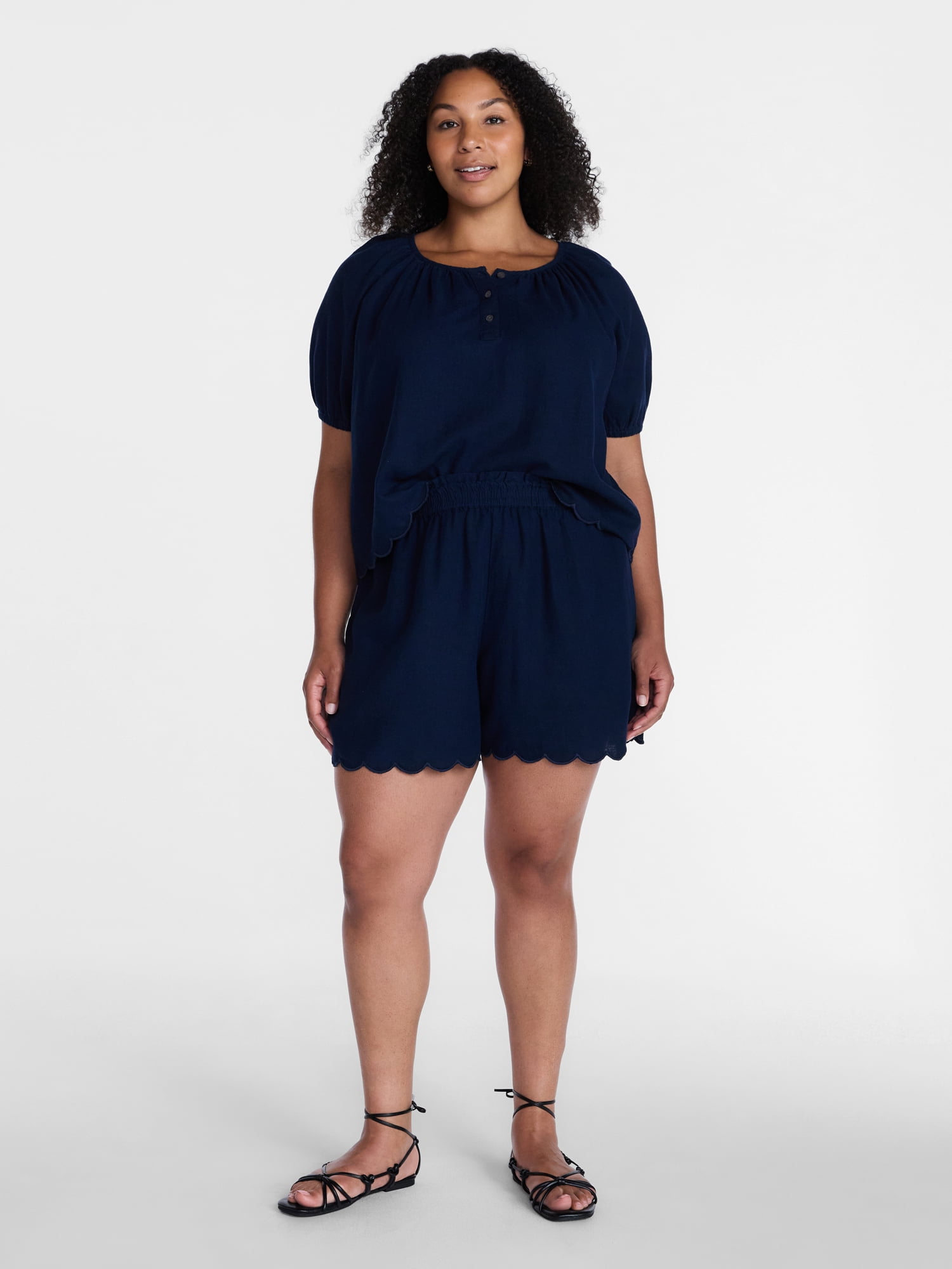 Time and Tru Women's Linen Blend Blouse with Scalloped Hem, Sizes XS-XXXL