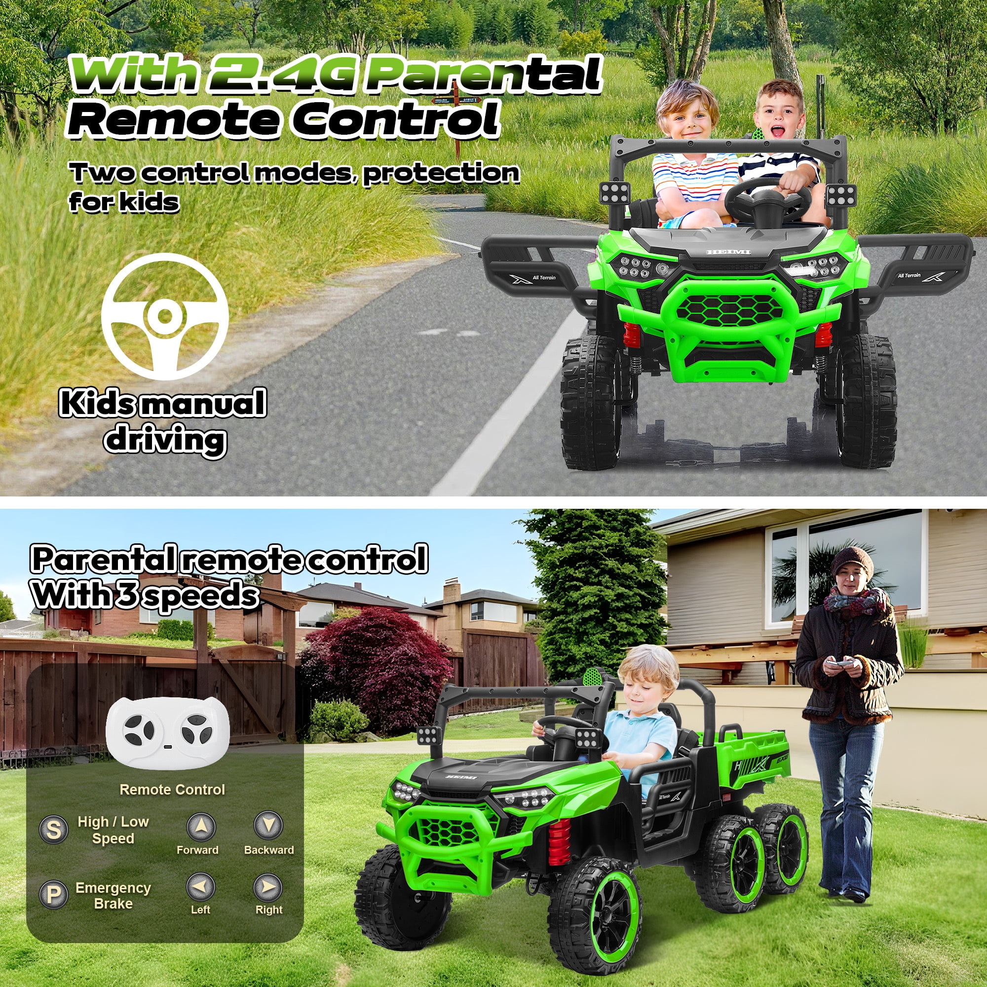 Letsgokid 24V 2-Seater Ride On Dump Truck with Remote Control, 4WD 6-Wheel Electric Car for Big Kids with Electric Dump Bed, 20in Seat, 400W Powerful Motor, LED Lights, Music, Ages 3+