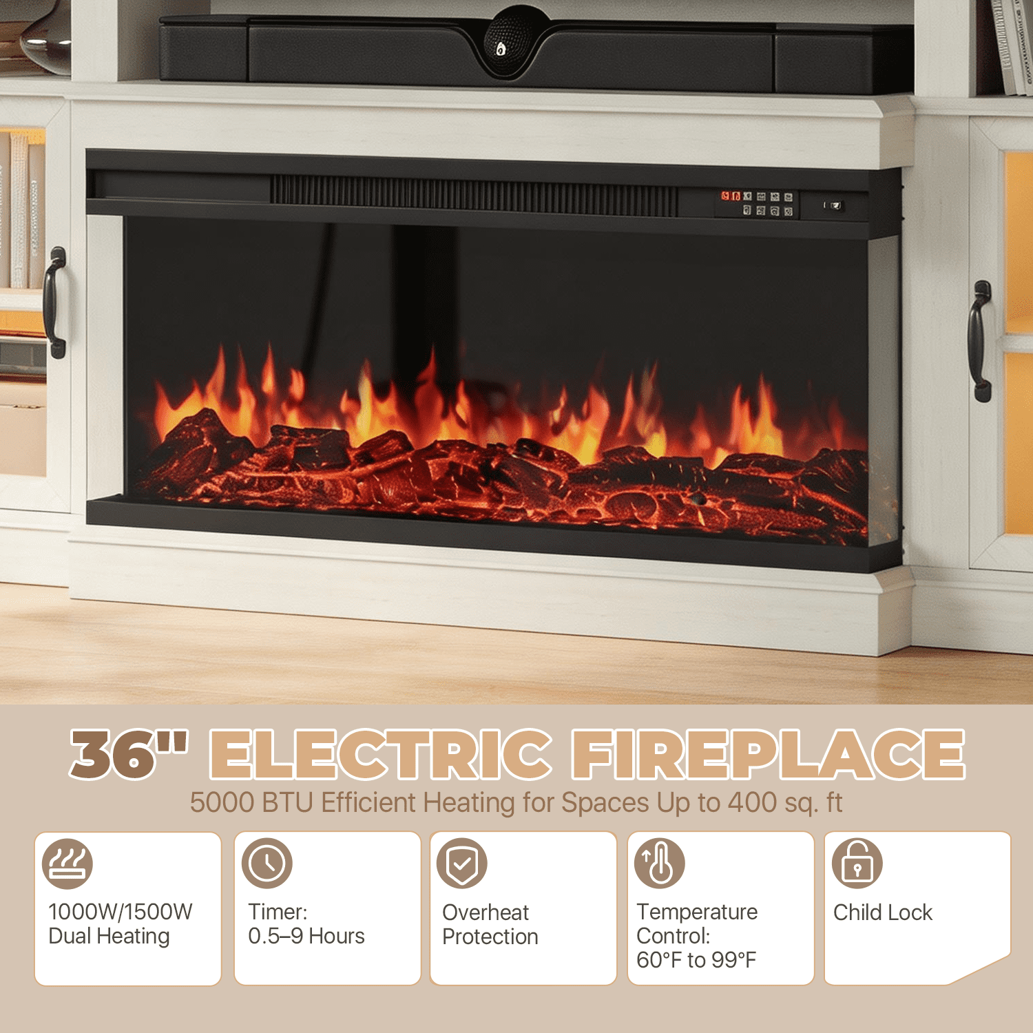 BaPiPro 80" Farmhouse Fireplace TV Stand for TVs Up to 90", Entertainment Center with 3-Sided 36" Electric Fireplace & LED Lights, 2 Drawers & 2 Storage Cabinet, White