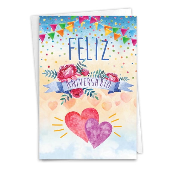 NobleWorks Spanish Anniversary Paper Card with 5 x 7 Inch Envelope (1 Card) Couple, Husband, Wife, Parents Anniversary Congratulations Feliz Aniversario C8832ANG-SL