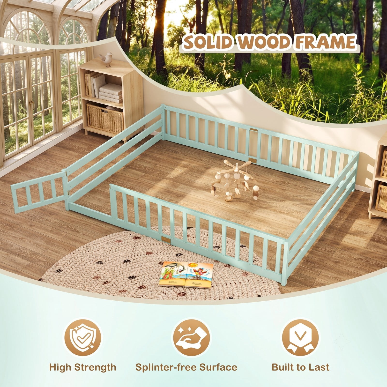 Furnibear Queen Bed Frame, Montessori Floor Bed with Full Length Safety Guardrails and Lockable Gate, Queen Wood Floor Bed for Kids Room, Mint Green