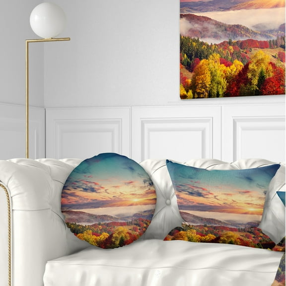 Designart Colorful Sunset in Foggy Mountains - Landscape Printed Throw Pillow - 12x20