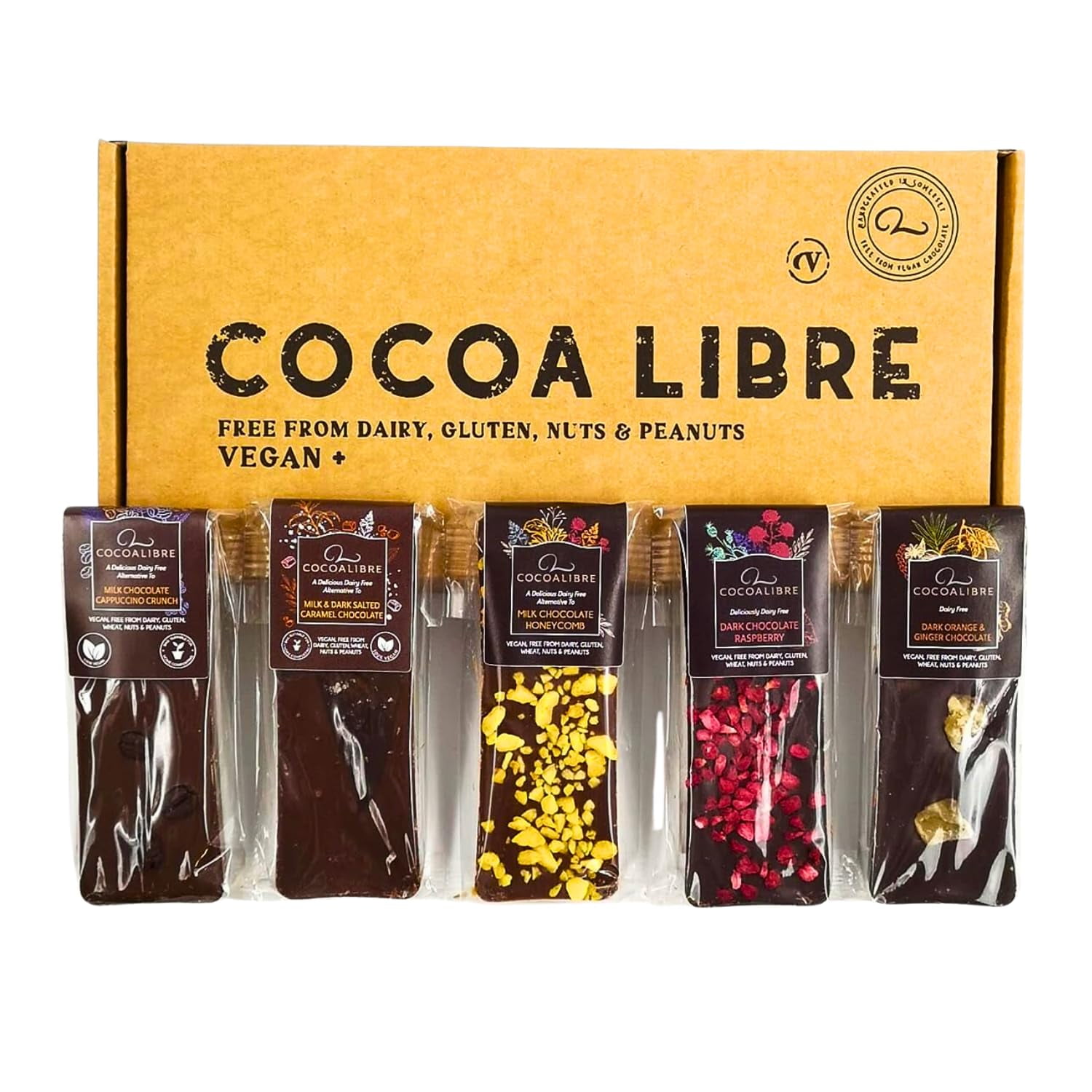 Cocoa Libre Variety Pack - 5 Unique Flavors of Vegan Dairy-Free Nut-Free Gluten-Free Mini Chocolate Bars 200g