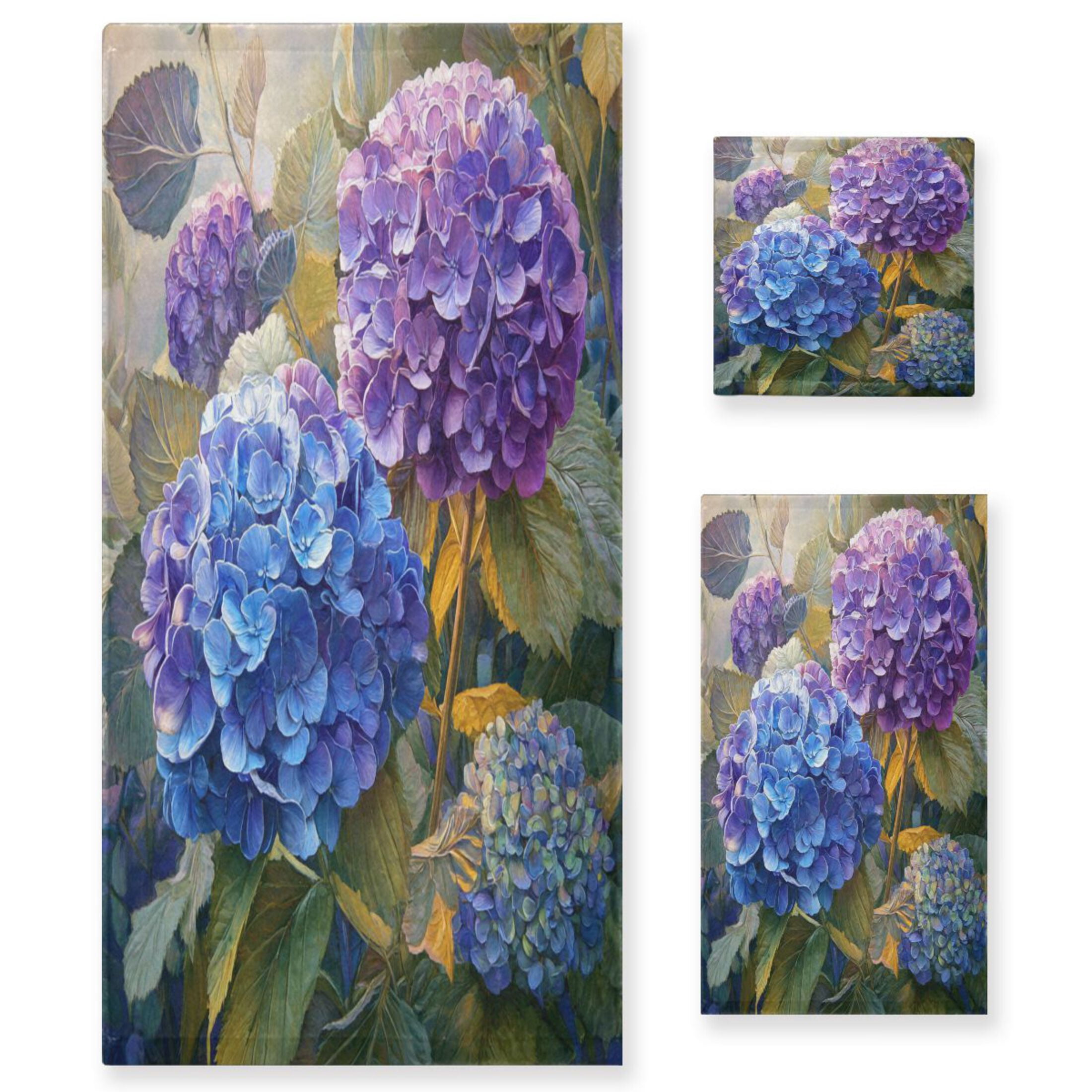 3 Sizes of Towel Sets Including Bath Towel Hand Towel and Washcloth for Daily Use Beautiful Painting Of Hydrangeas