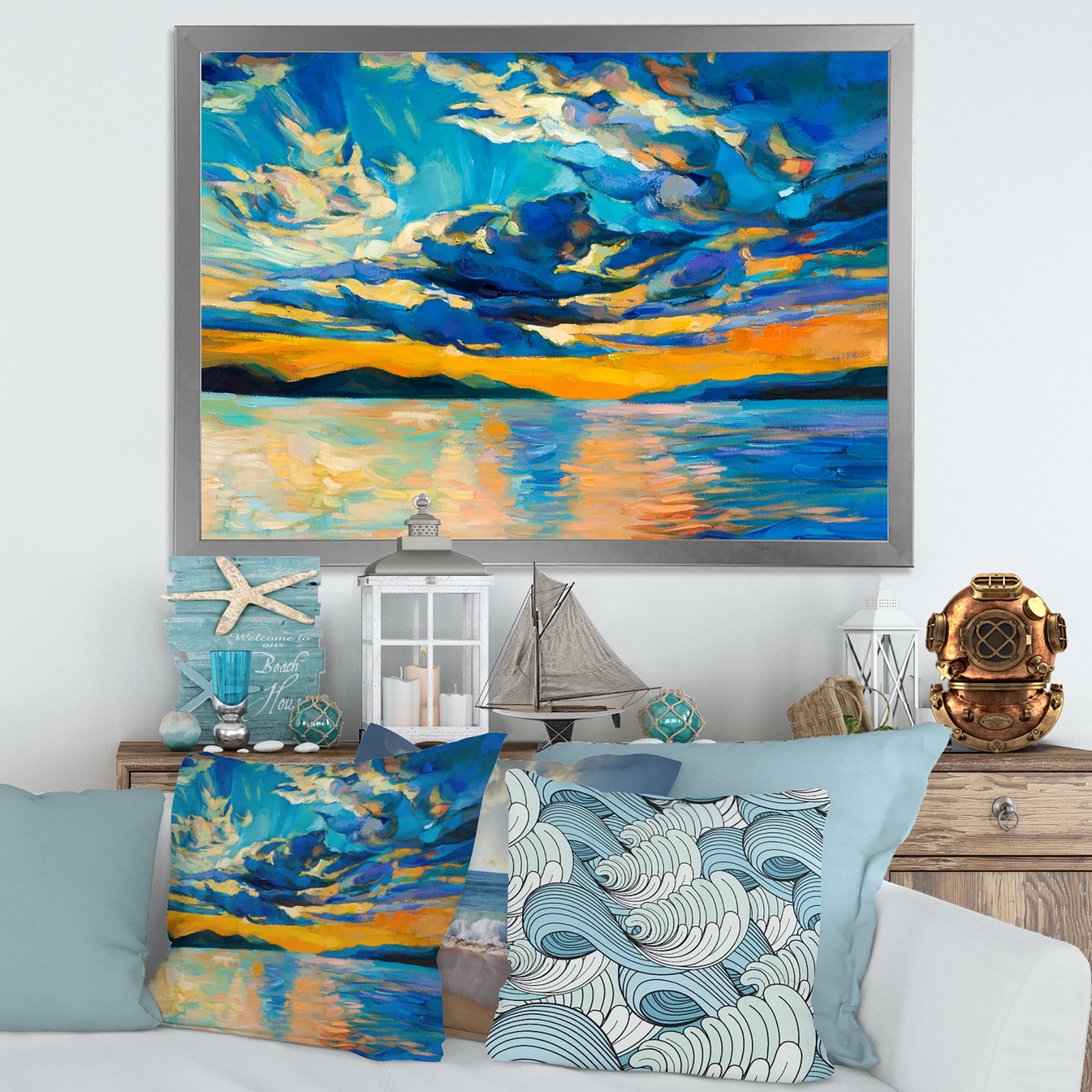 Designart 'Cloudy Sunset Over Wide Open Ocean Horizon' Nautical & Coastal Framed Art Print