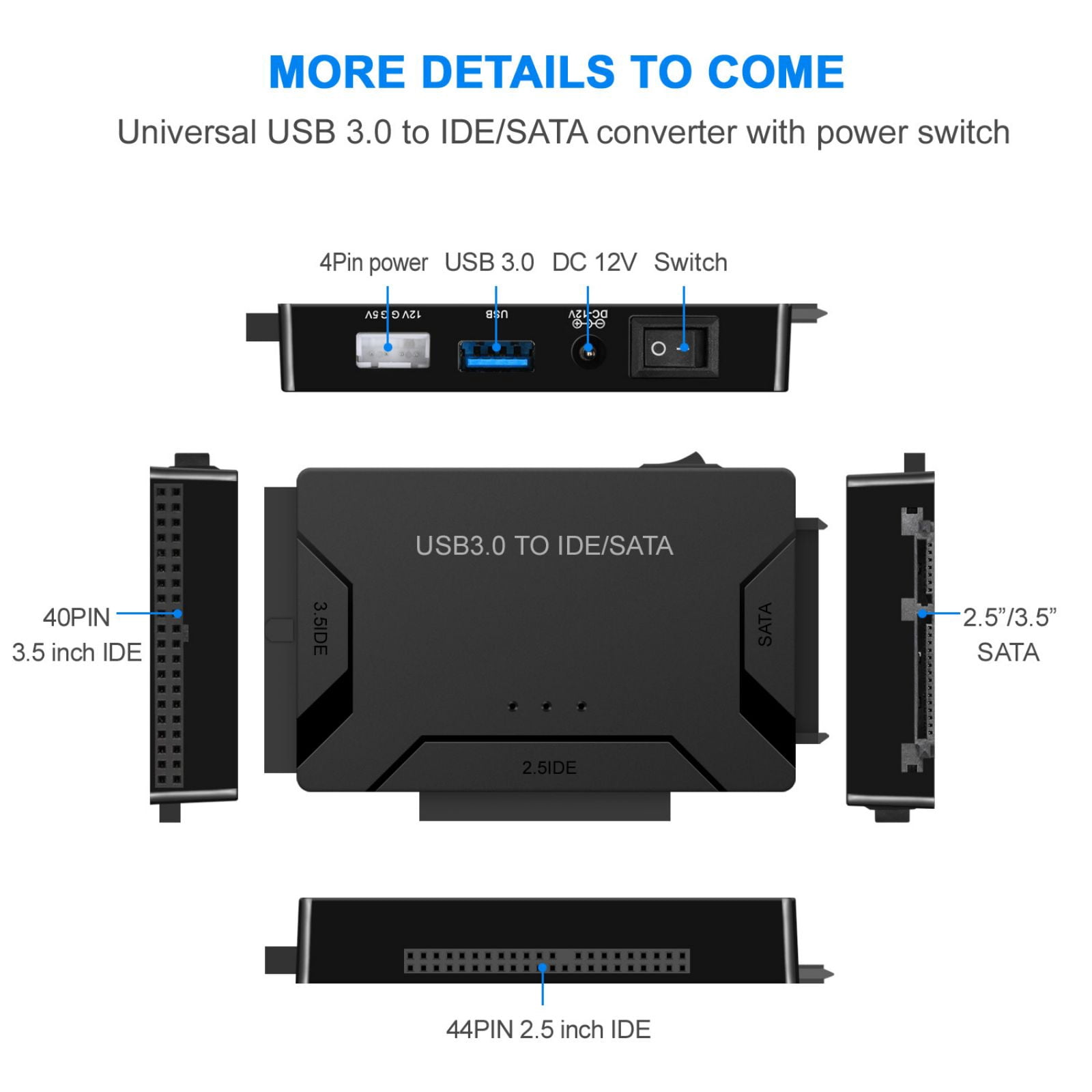 ENTSASMO Black USB 3.0 to IDE SATA Adapter USB 3.0 to SATA IDE Hard Drive Converter Combo for 2.5"/3.5" DE SATA SSD Hard Drives Disks with 12V 2A Power Adapter and USB 3.0 Cable for Laptops