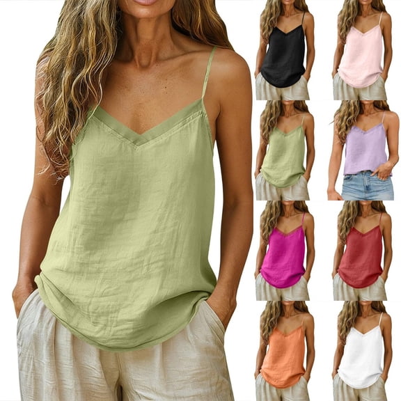 Womens Linen Cotton Camisole V Neck Adjustable Spaghetti Strap Cami Soft Summer Basic Tank Tops 18# Green M