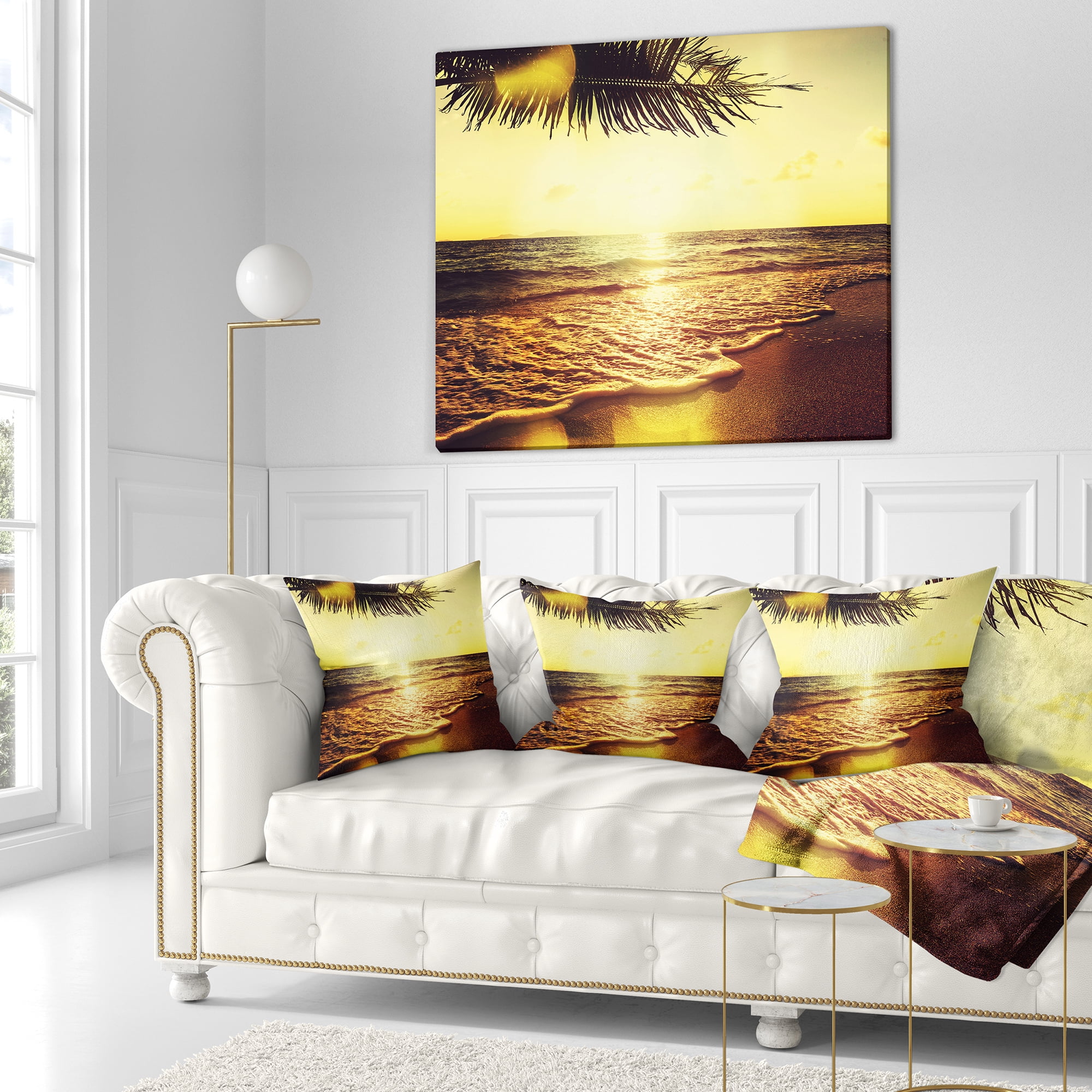 Designart Clear Yellow Tropical Coastline - Seashore Throw Pillow - 16x16