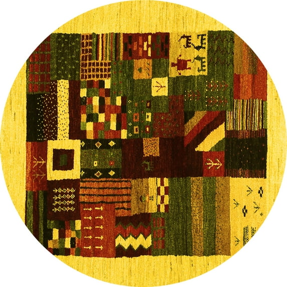 Ahgly Company Machine Washable Indoor Round Abstract Yellow Contemporary Area Rugs, 8' Round