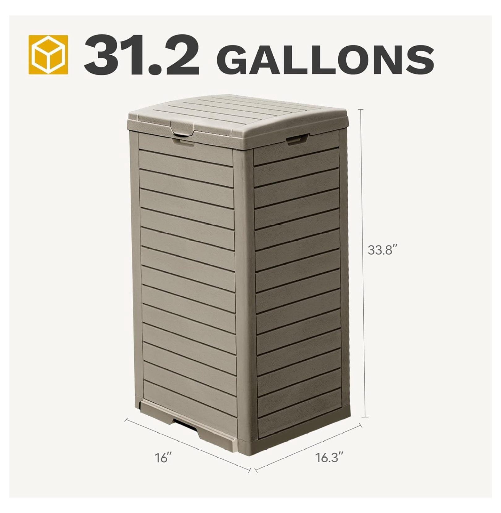 38 Gallon Large Outdoor Trash Can, Waterproof Resin Hideaway Garbage Bin with Lid and Drip Tray, Outside Trash Bin for Porch, Backyard, Deck, Patio, Poolside, Easy to Clean, Taupe