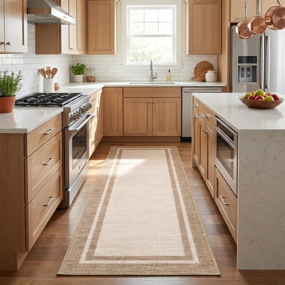 2x8 Runner Rug Long Kitchen Rug Neutral Border Washable Rugs Non Slip Runner Rugs Stain Resistant Non Shedding Floor Cover Soft Touch Folding Indoor Carpet for Kitchen Hallway Laundry,Beige