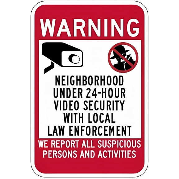 Neighborhood Under 24-Hour Video Security Sign - 8"x12" Metal Aluminum Sign, Surveillance Decor for Outdoor Indoor Home Residential Area