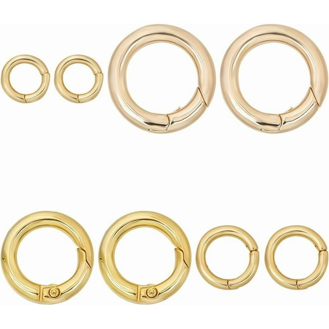 8 mosquetones redondos chapados en oro de 18 quilates, 4 estilos, con resorte, anillo de latón, hebilla circular, llavero, gancho a presión, gatillo, anillos en O, cierres.