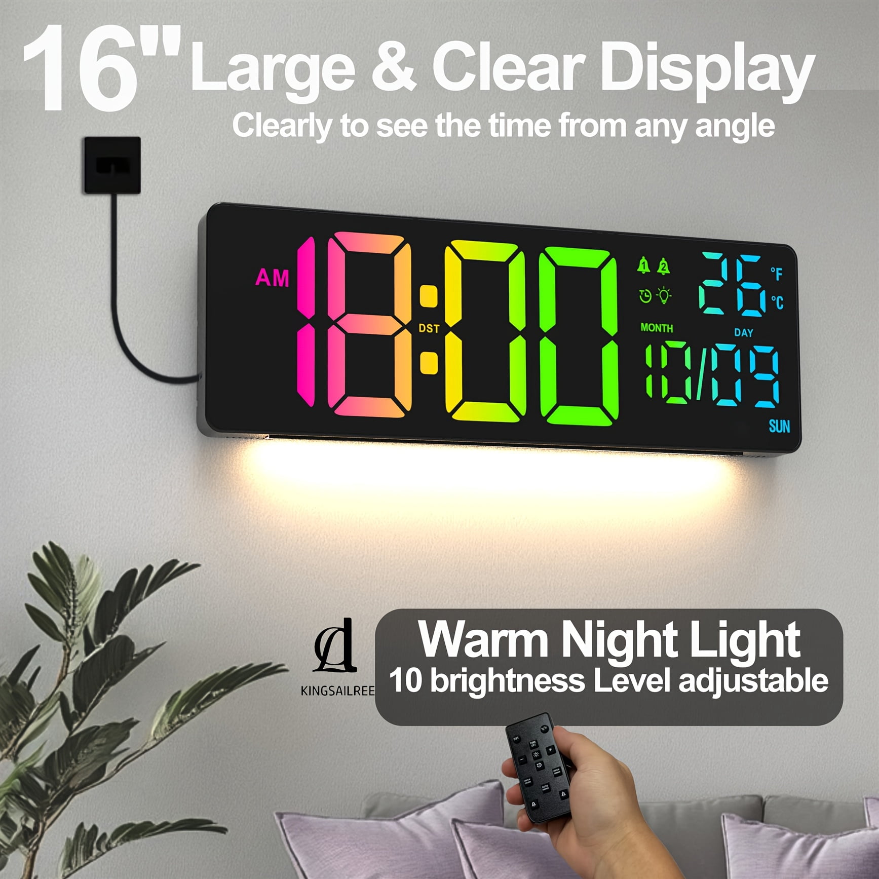 Large Digital Alarm Wall Clock with Remote, Calendar, Temp/Humidity, Timer, 11 RGB Colors for Bedroom, Office, Gift