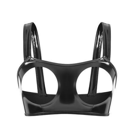 UKLSQMA Ladies  Solid Color PVC Patent Leather Sexy Bras Sexy Lingerie for Women Shiny Patent Leather Bras Black 2XL