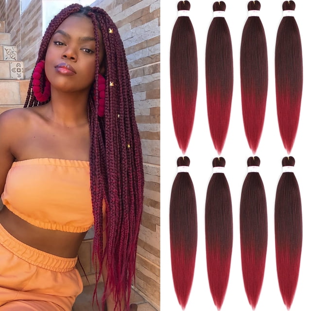 BEFUNNY Ombre pelo trenzado rojo preestirado 8 paquetes/lote 24 pulgadas preestirado preestirado pelo trenzado textura Yaki extensiones de cabello sintético para trenzas de ganchillo humanas sin picaz