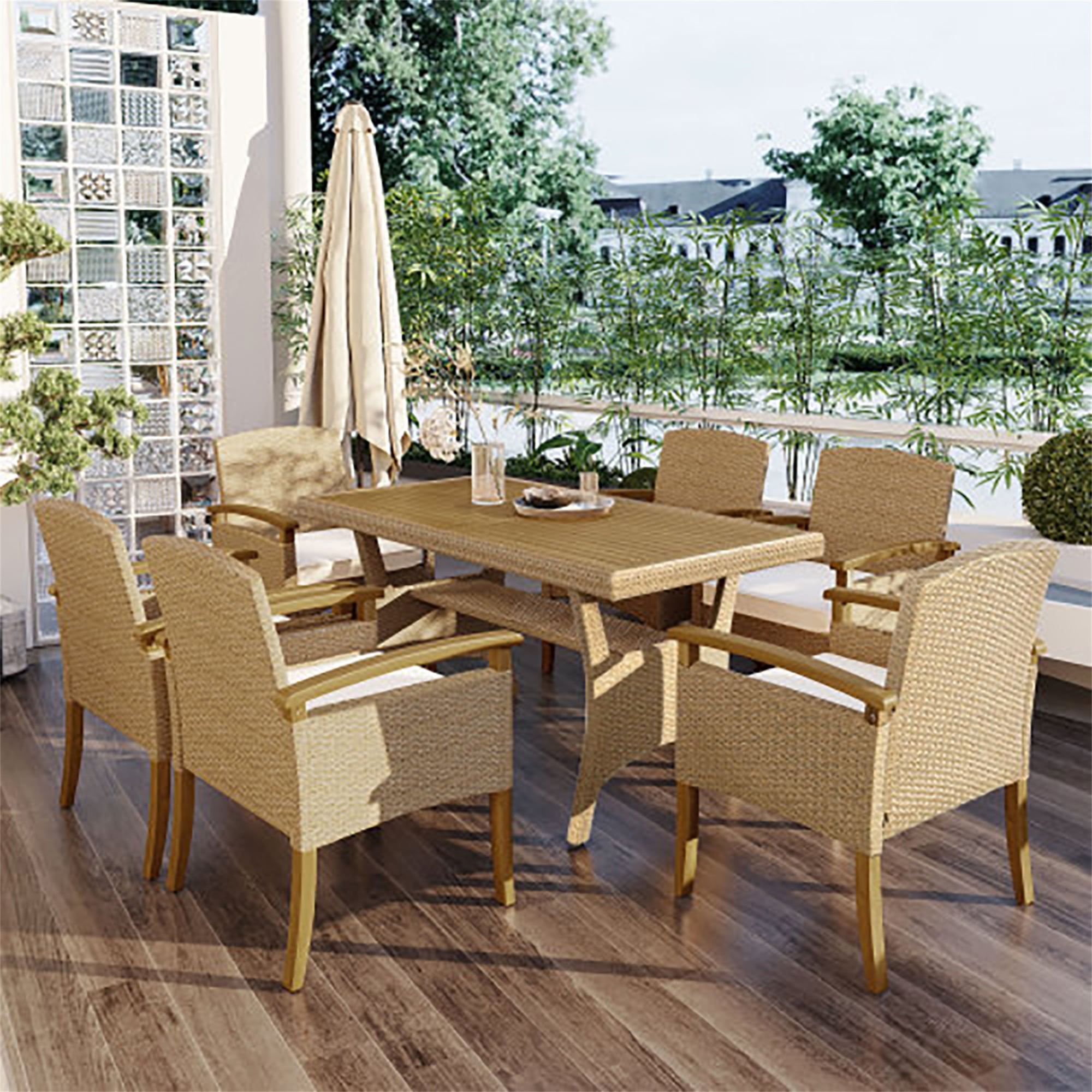 Kadyn All Weather PE Rattan Dining Set , Outdoor Patio 7-Piece Dining Table Set with Wood Tabletop and Cushions for 6 White