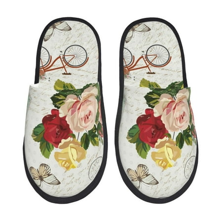 Balery Vintage Bike Flower Butterfly Slient Indoor Furry Fleece Comfort House Shoes Soft Non-Slip Home Shoes Cotton slippers House Slippers-- Large
