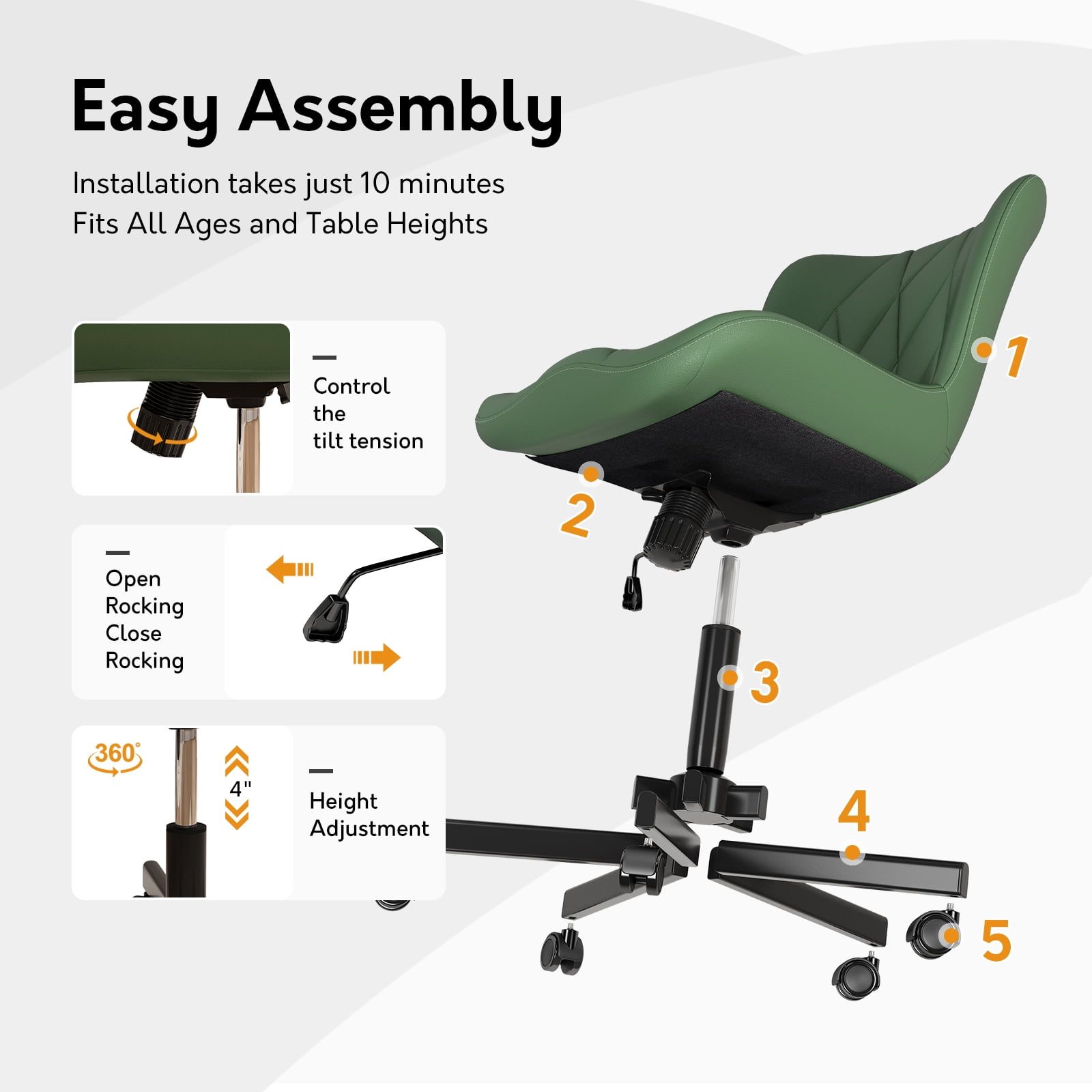 Ninecer Adjustable Armless Office Chair, Leather Desk Chair with Wheels, Office Chair for Home Office, Computer Rolling Chair for Adults, Comfy Task Chair, Green