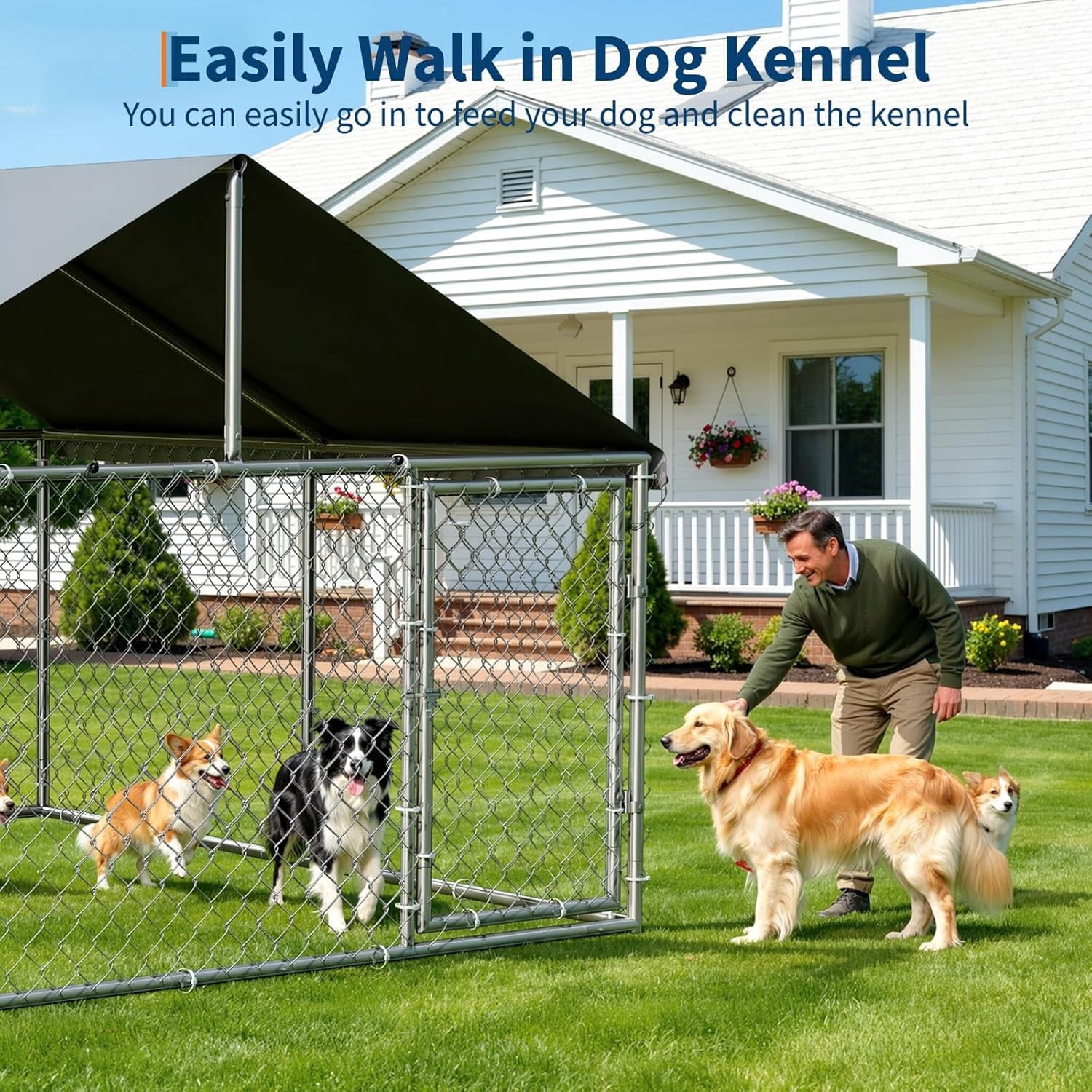 7.5×7.5×5.4 Ft Home Large Metal Outdoor Dog Kennel, Metal Wire Dog Enclosure with Waterproof Roof & Adjustable Bowls Feeder for Backyard Farm