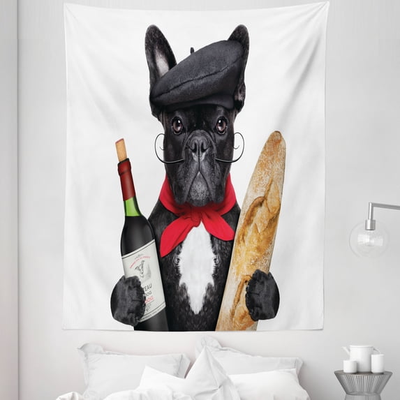 Bulldog Tapestry, French Dog in a Hat with Red Wine and Baguette Bread Gourmet Parisienne Animal, Fabric Wall Hanging Decor for Bedroom Living Room Dorm, 5 Sizes, Multicolor, by Ambesonne
