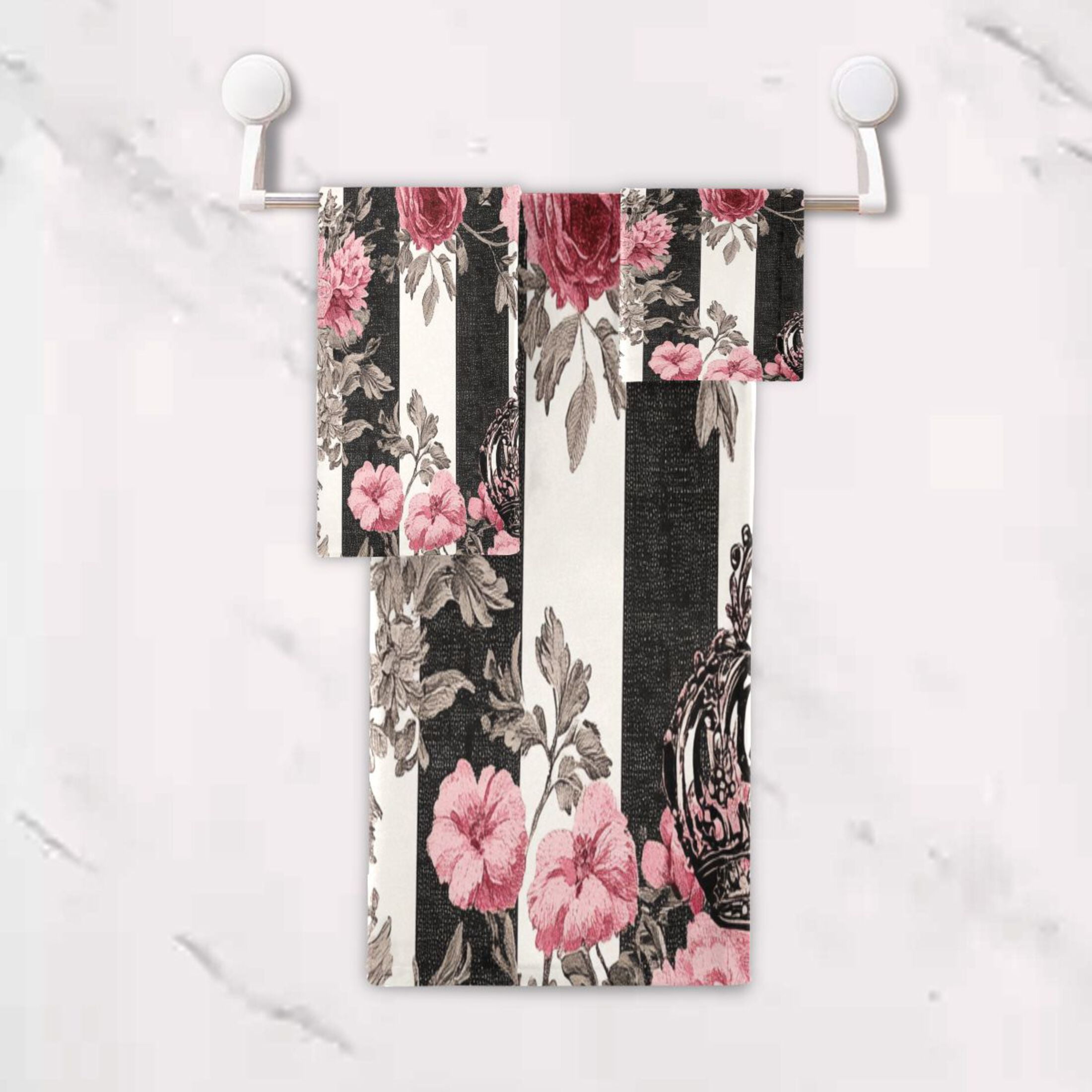 BZSMCE 3piece Bath Towel Sets Hand Bath Towels Fashion Black White Stripes Pink Roses Printed Towel Sets