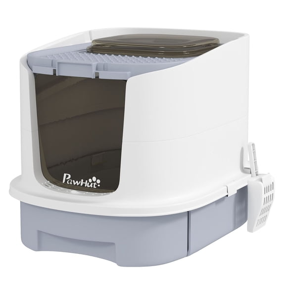Cat Litter Box Enclosed with Lid, Top Entry, Drawer, Scoop & Deodorizing Bags, Odor Control, Easy Clean, Gray