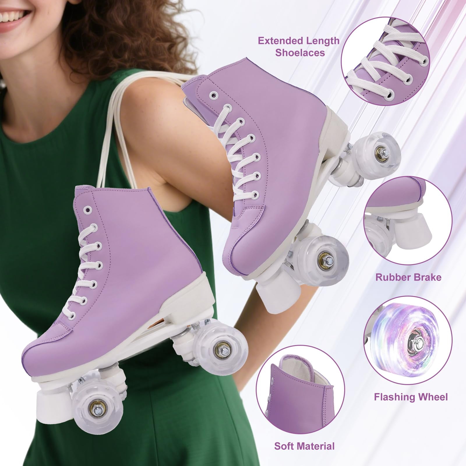 XunKA Adjustable Light Up Quad Roller Skates for Beginners - High-Top PU Leather Double-Row Wheels for Indoor Outdoor Use - Unisex Skates for Women, Men, Girls and Boys