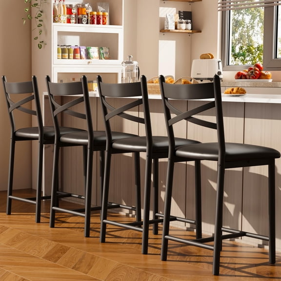 Counter Height Bar Stools Set of 4 with Back and Footrest, 26 Inch PU Leather Metal Frame, Black