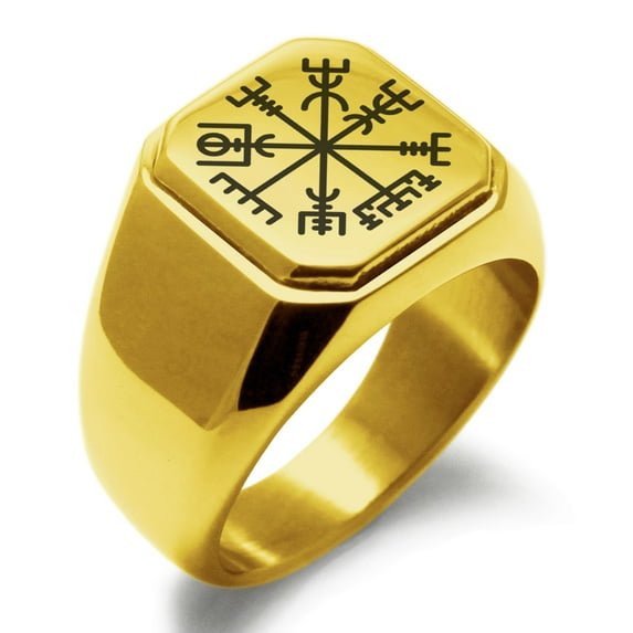 Stainless Steel Vegvisir Viking Compass Engraved Square Flat Top Biker Style Polished Signet Ring