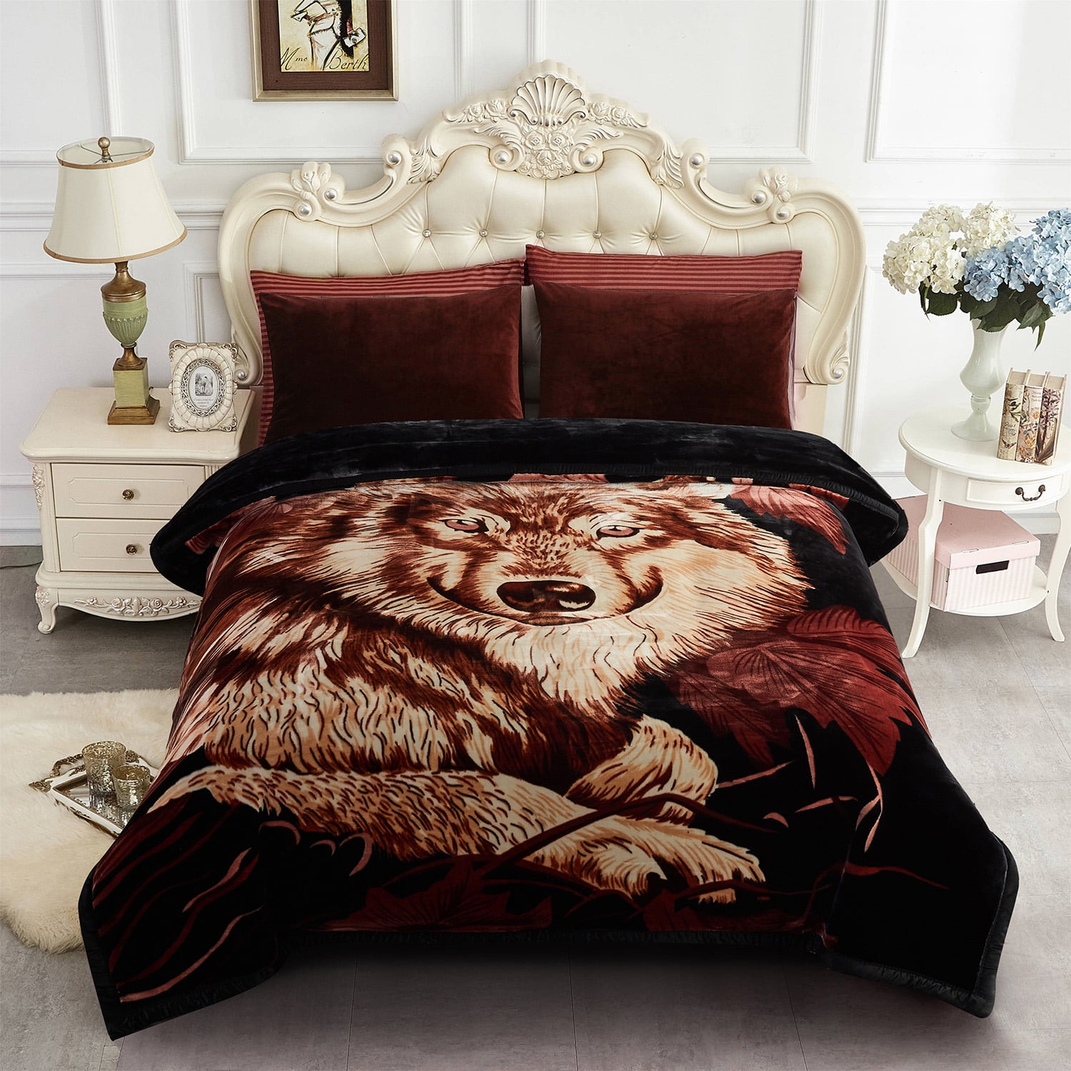 10lbs Heavy Thick A&B Pattern Blanket 2Ply Reversible - Thick Warm Plush Korean Style Bed Blanket, King Size Fleece Plush Blanket, Soft Winter Blanket For Adult 87" x 95", Wolf/Wolf