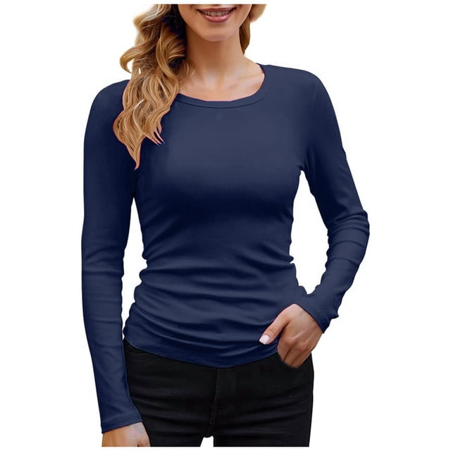 TINZ Mode Décontractée pour Femmes T-Shirt à Manches Longues Col Rond Couleur Unie Hauts à Manches Longues en Polyester Manches Courtes Haut Ample pour le Travail