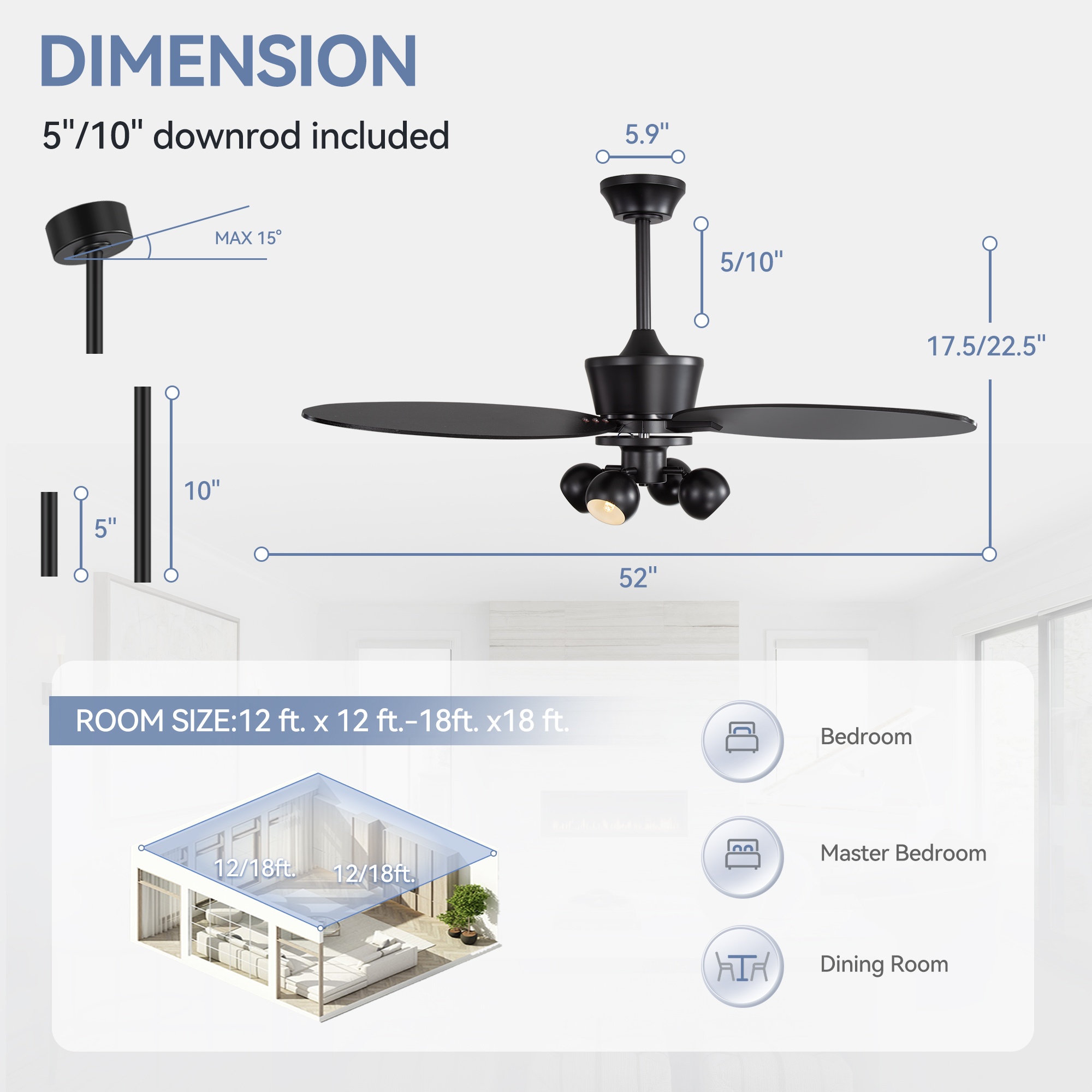 ALKAFY 52 inch Matte Black Industrial Ceiling Fan - 5 Blades with Light & Remote for Living Room, Bedroom