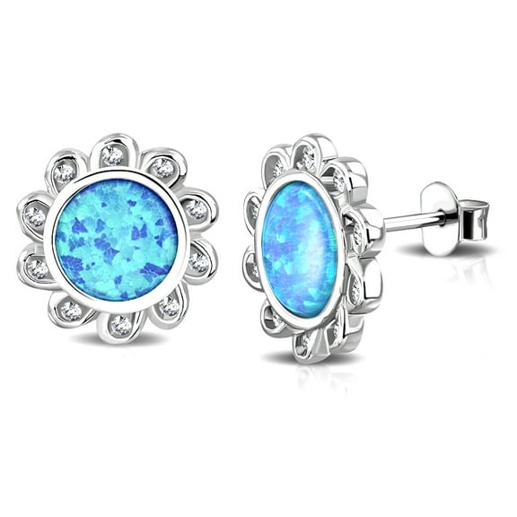 925 Sterling Silver White Clear CZ Blue Simulated Opal Sun Flower Stud Earrings, 0.45"