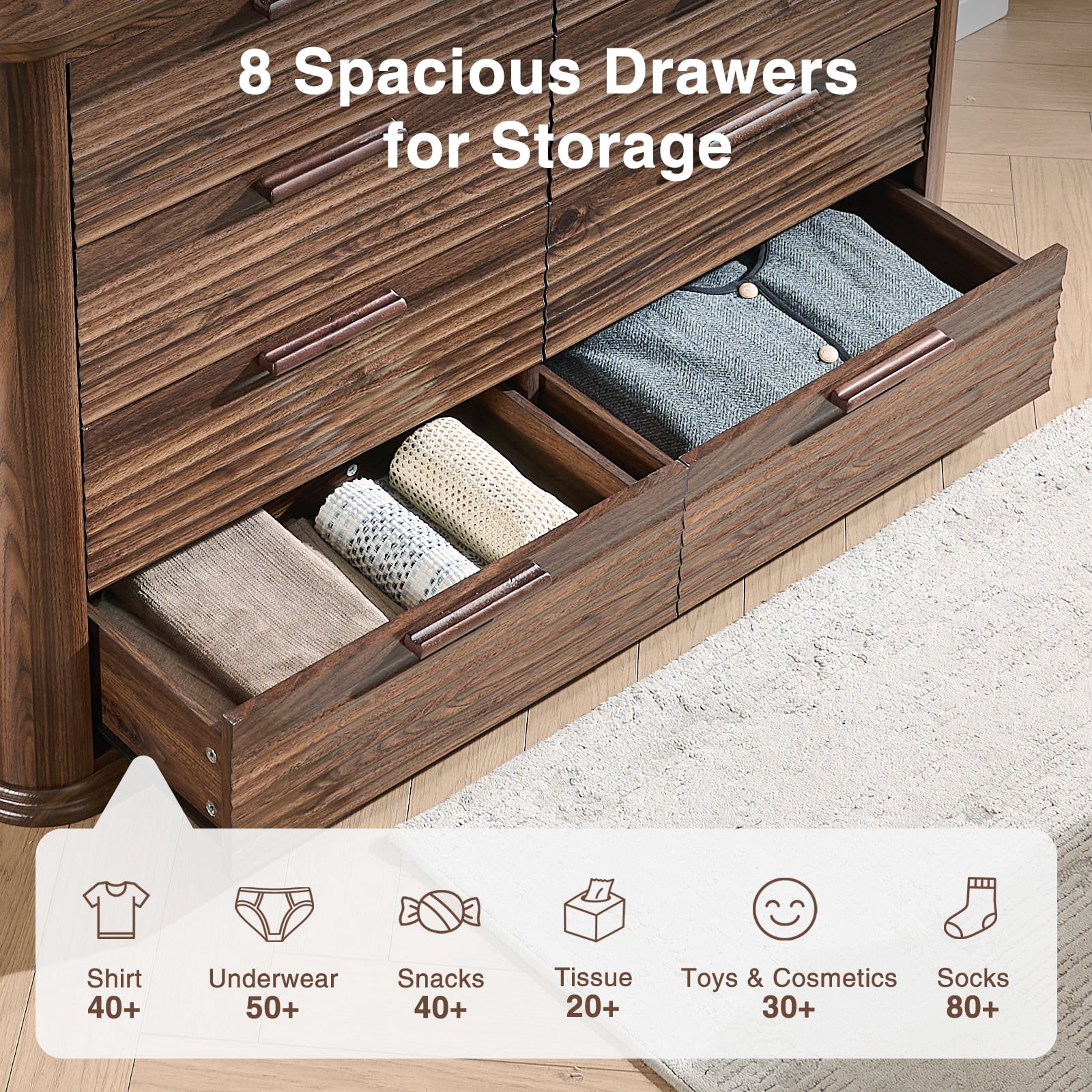 Hommoo Modern Wood Fluted 8 Drawer Dresser, 52" Wide Dresser Chest of Drawers with Curved Profile Design, Multifuctional Storage Organizer for Home, Walnut