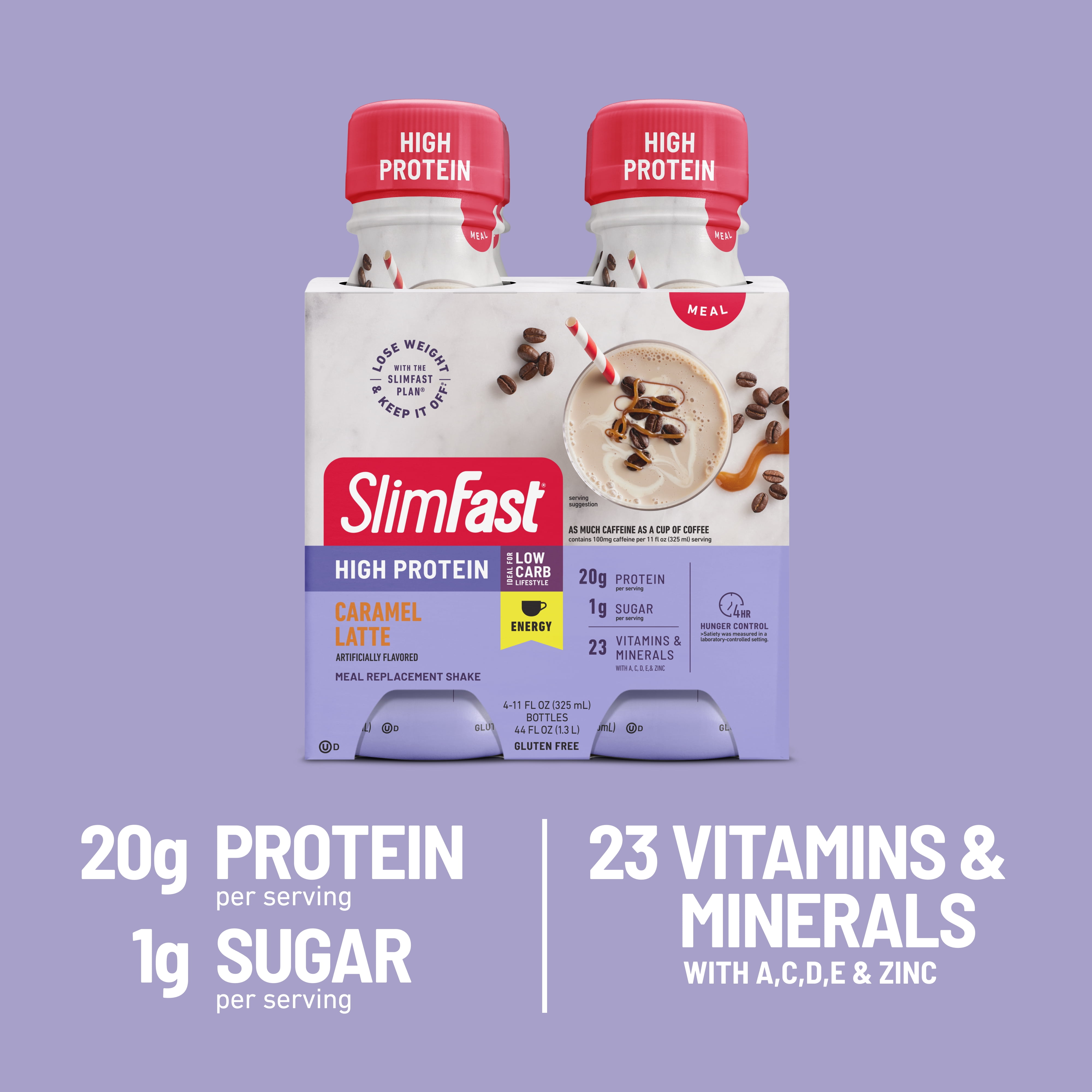 SlimFast Advanced Energy High Protein Ready to Drink Meal Replacement Shake, Caramel Latte, 11 fl. oz., Pack of 4
