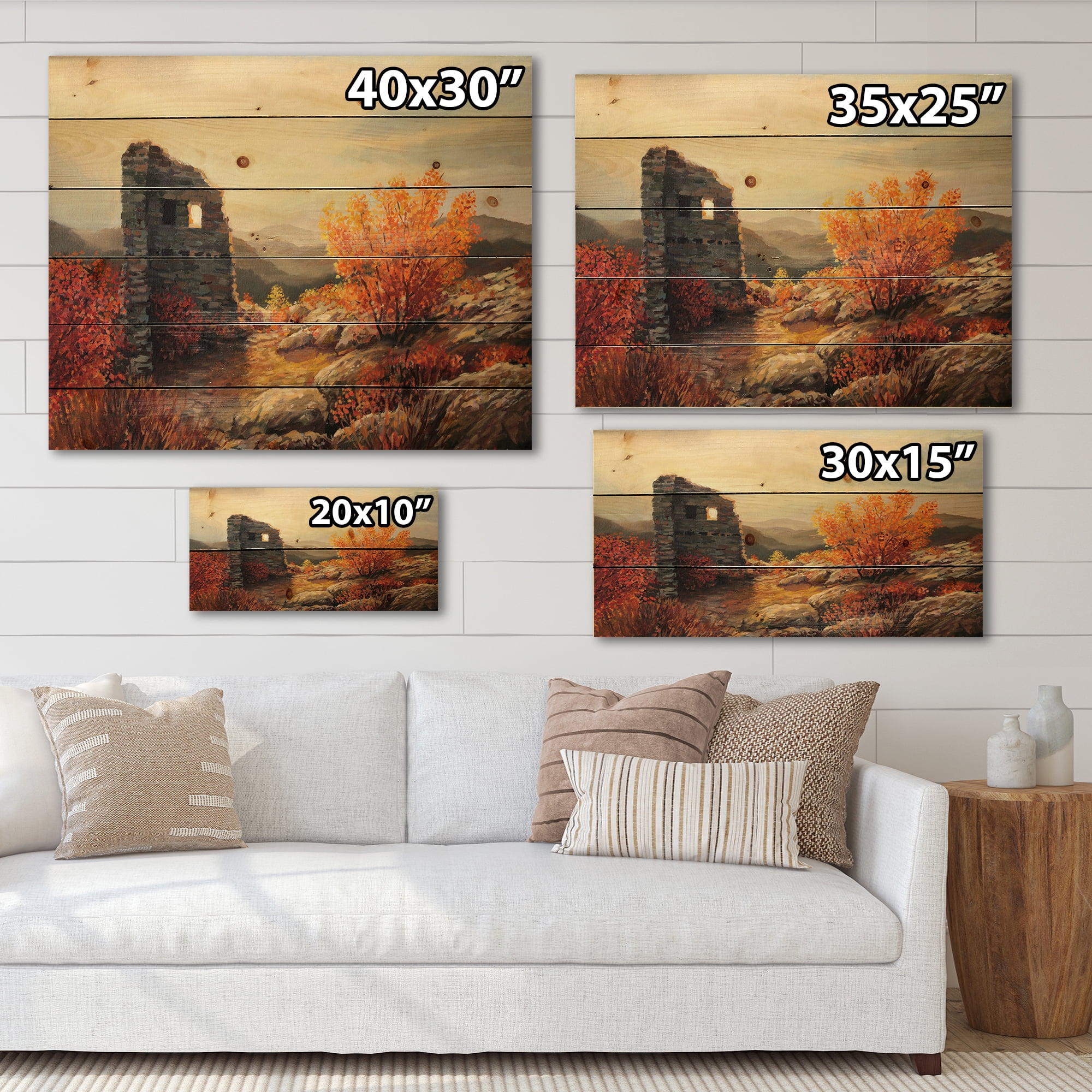 Designart 'Sunset Over Old Fortress Ruins' Farmhouse Print on Natural Pine Wood