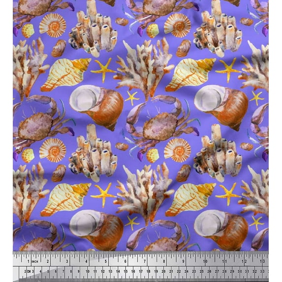 Soimoi Purple Modal Satin Fabric Crab,Shell & Coral Ocean Printed Fabric 1 Yard 42 Inch Wide