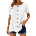 thumbnail image 2 of Women's Cotton Linen Top, Short Sleeve Round Neck Button Down Long Length Cardigan, Cute & Casual Summer Shirt for Layering, Beach Cover Up, and Vacation Wear-White, 2 of 6