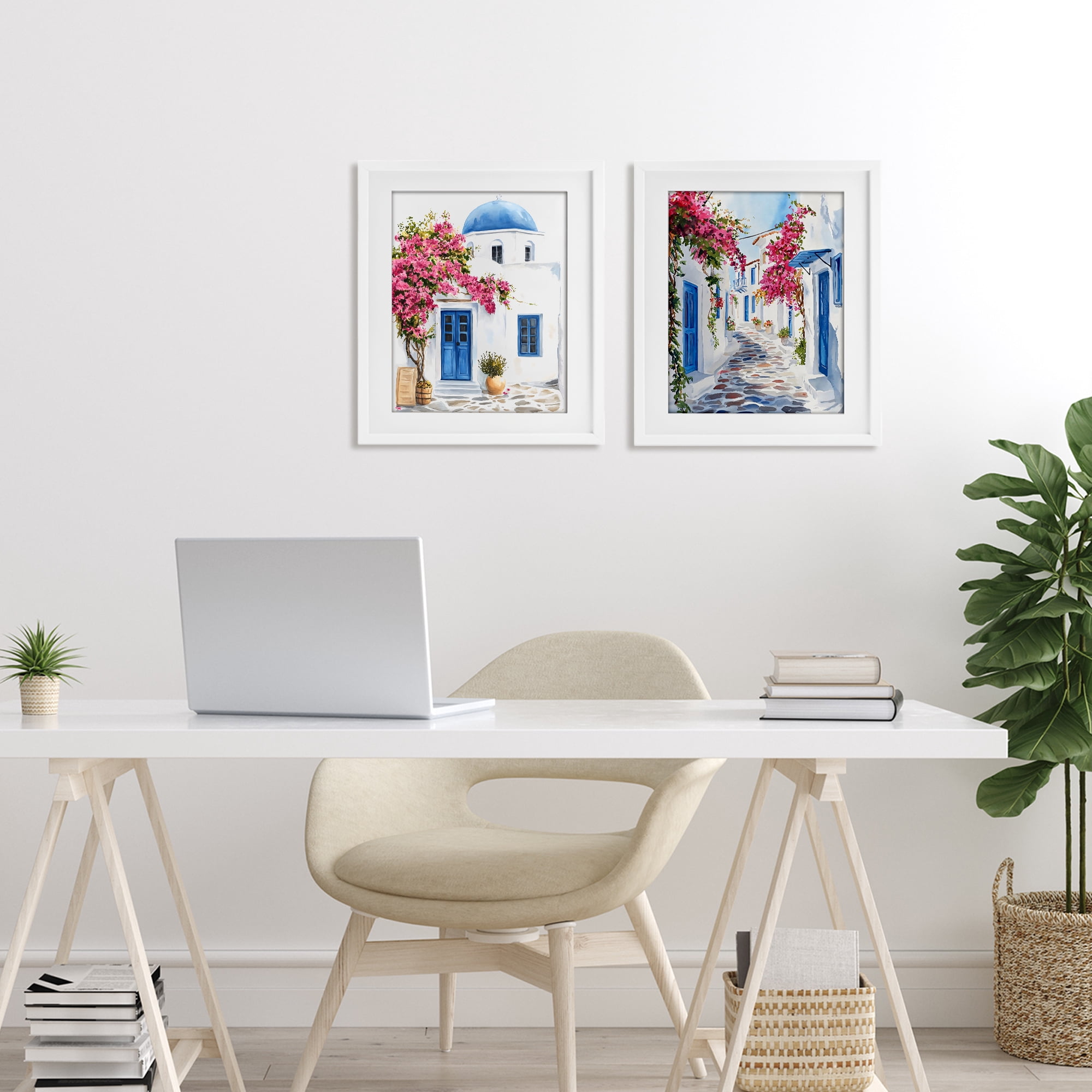 Stupell Industries Santorini House with Pink Tree 2 Piece White Framed Print Under Glass Set, design by LSR Design Studio