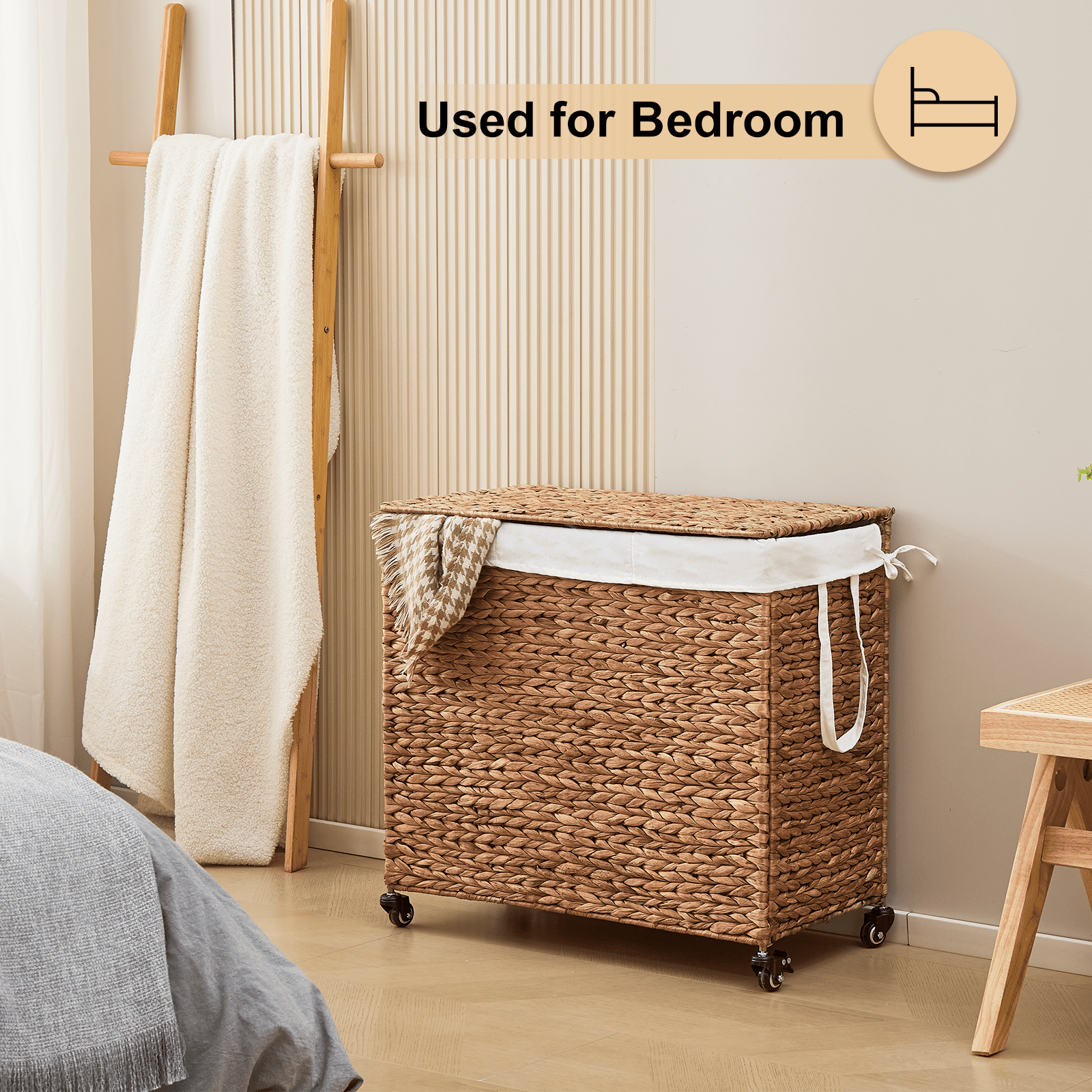 160L 3-Section Laundry Hamper with Lid and Wheels, Woven Natural Water Hyacinth