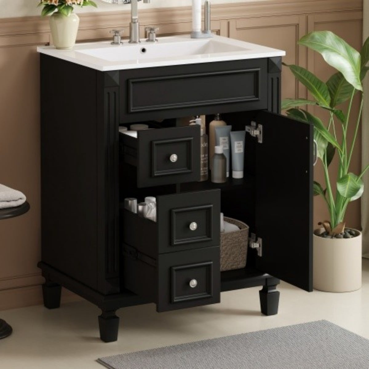 24" Bathroom Vanity with Ceramic Sink, Small Bathroom Vanity Cabinet with 2 Drawers, Adjustable Shelf, Soft-Close Door, Black
